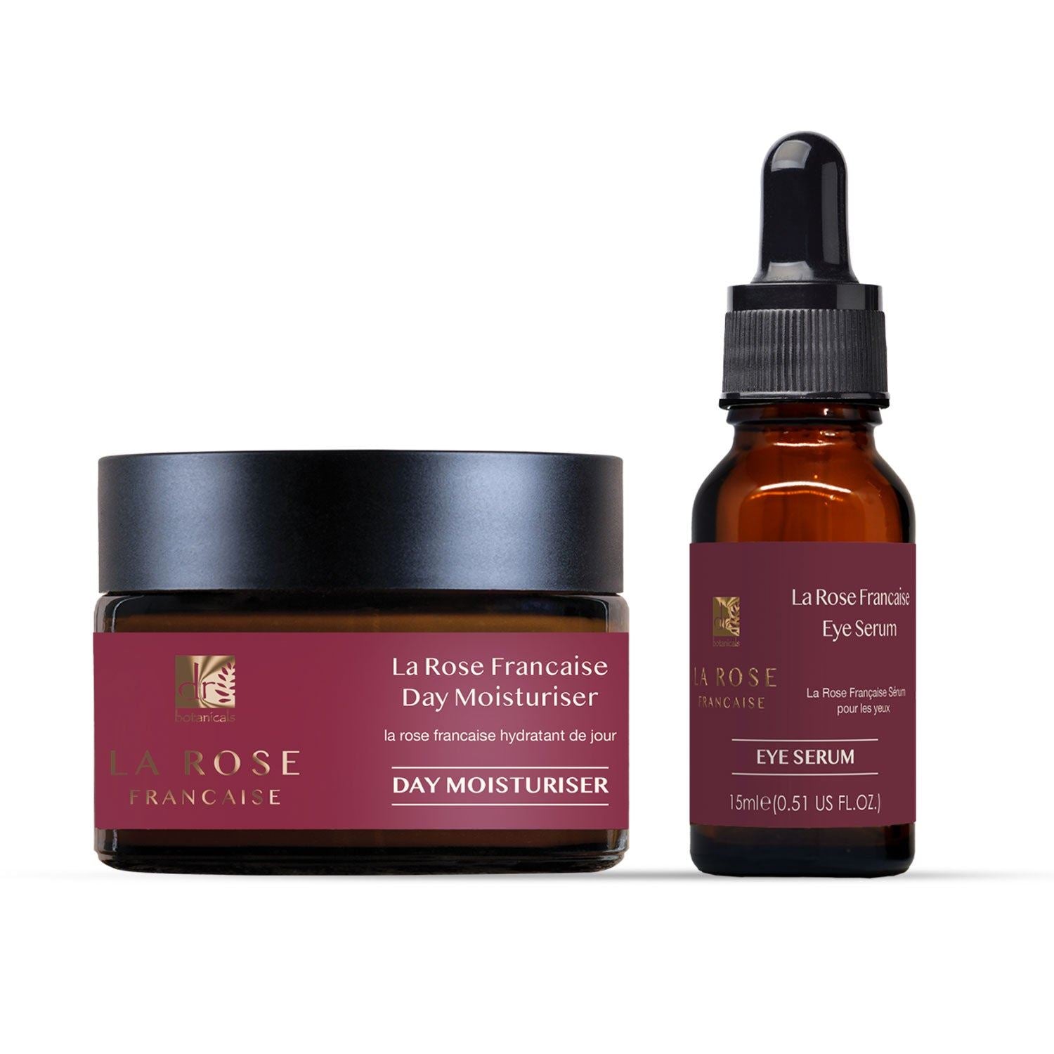 La Rose Française Day Moisturizer jar and Eye Serum dropper bottle on a white background