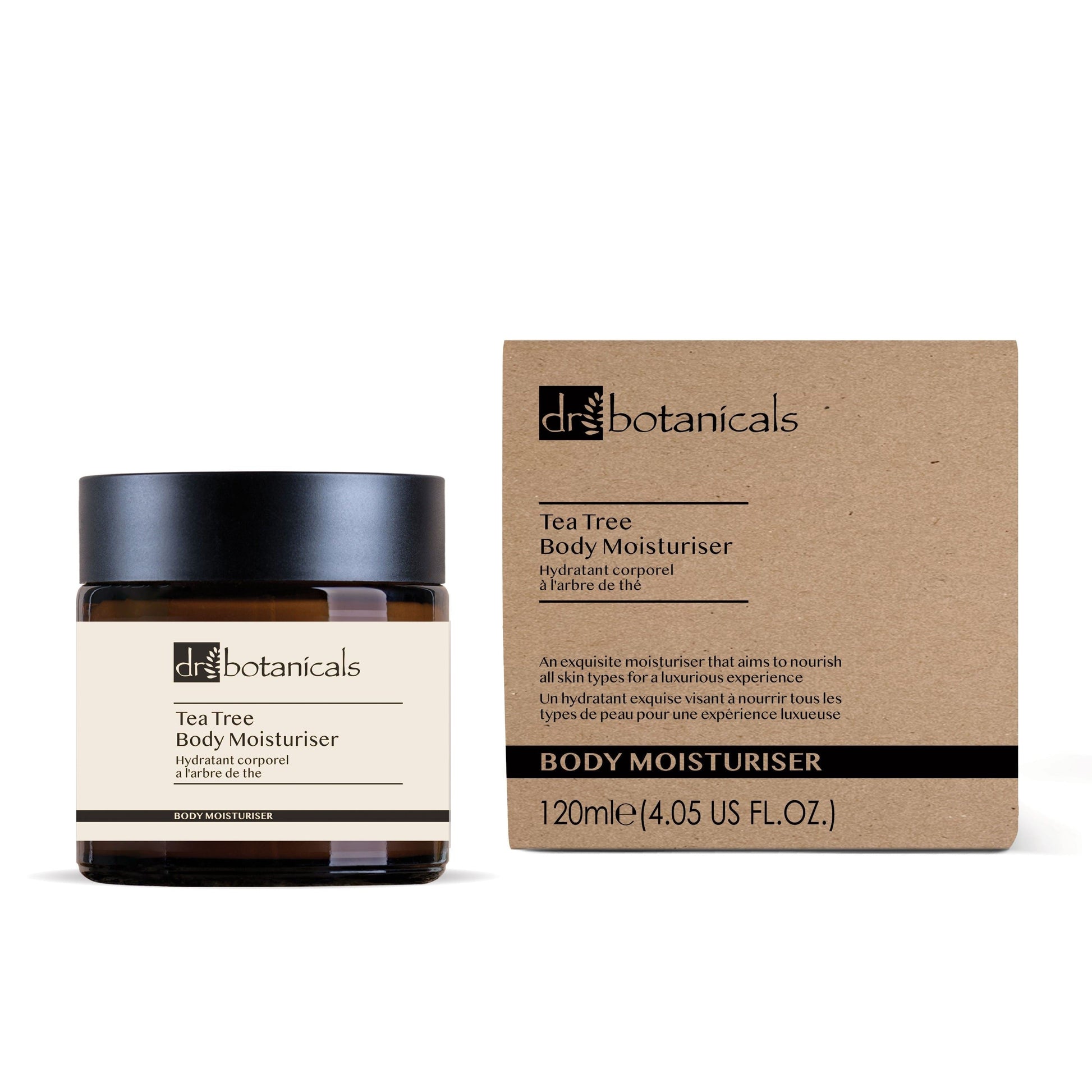 Dr. Botanicals Tea Tree Body Moisturizer jar and packaging on a white background