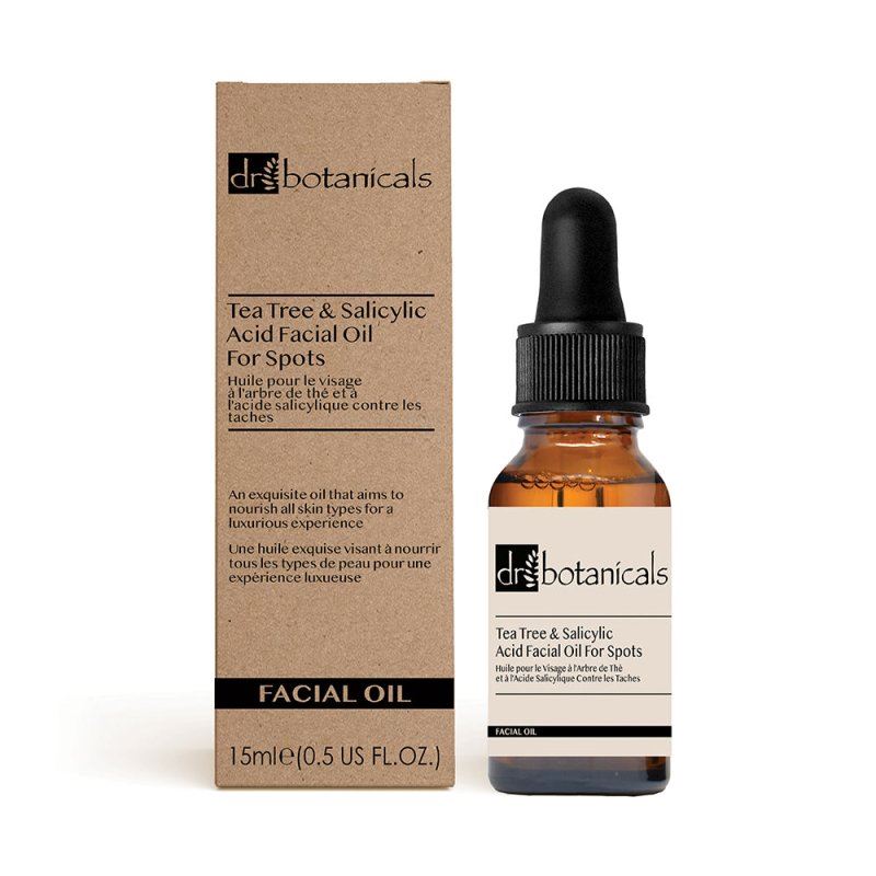 Dr. Botanicals Tea Tree & Salicylic Acid Facial Oil for Spots with packaging on a white background