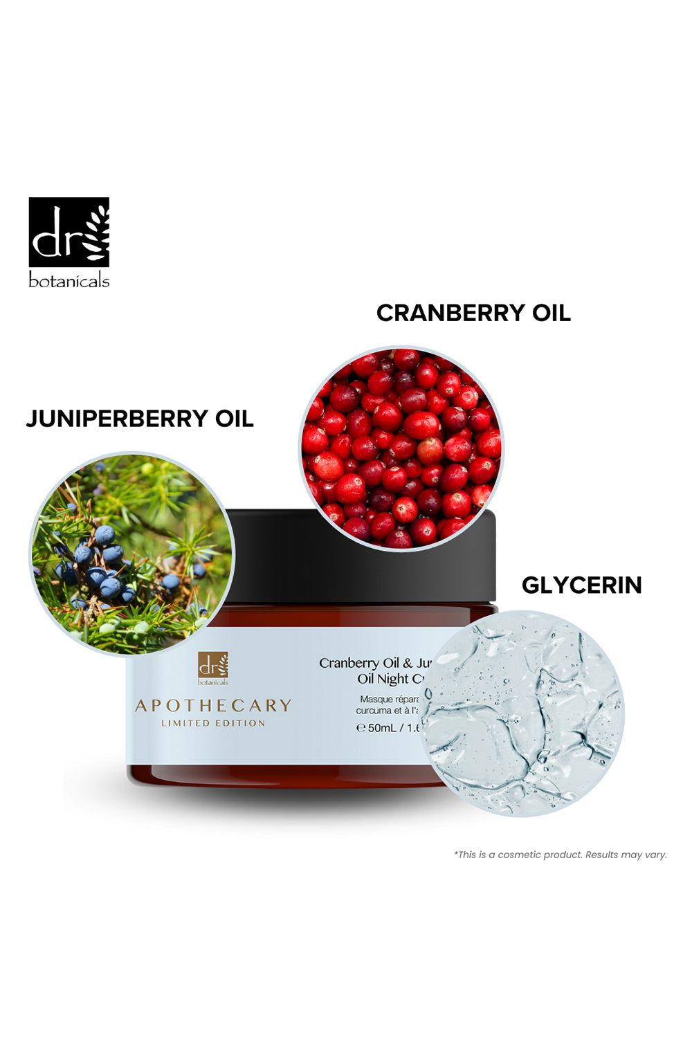 Cosmetic jar with ingredients Juniperberry oil, Cranberry oil, and Glycerin on a white background.