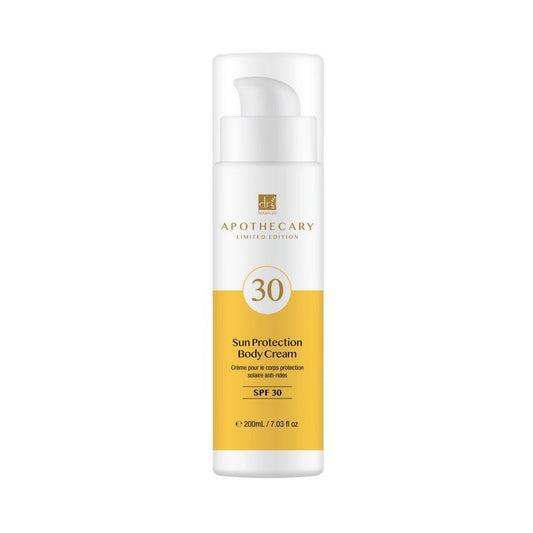 Sun protection body cream bottle with yellow label on a white background