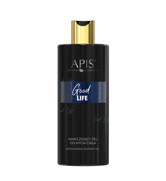 A bottle of APIS Natural Cosmetics Good Life Moisturizing Shower Gel, featuring a black bottle with a metallic gold cap and a blue textured band on the label.