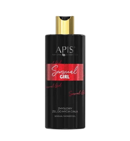 A bottle of APIS Natural Cosmetics 'Sensual Girl' shower gel, featuring a matte black bottle with a metallic gold cap and a red label band.