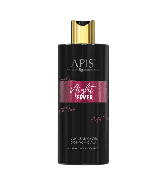A bottle of Apis Night Fever Moisturising Body Wash 500ml, featuring a matte black bottle with a metallic gold cap and a pink glittery label band, set against a plain white background.