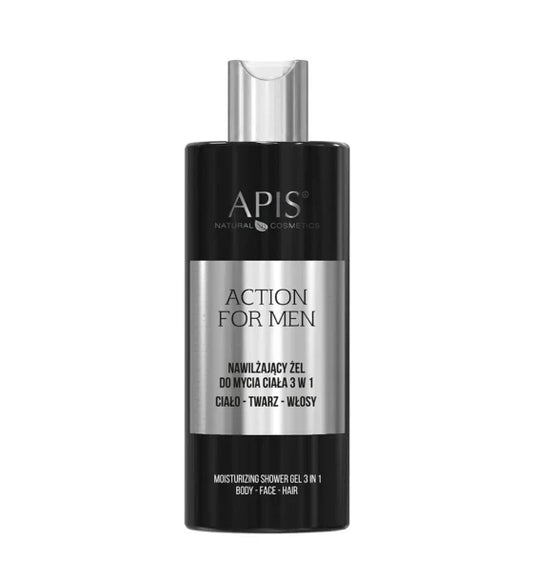 A bottle of APIS Action For Men moisturizing shower gel, featuring a black bottle with a metallic silver label and cap, on a plain white background.