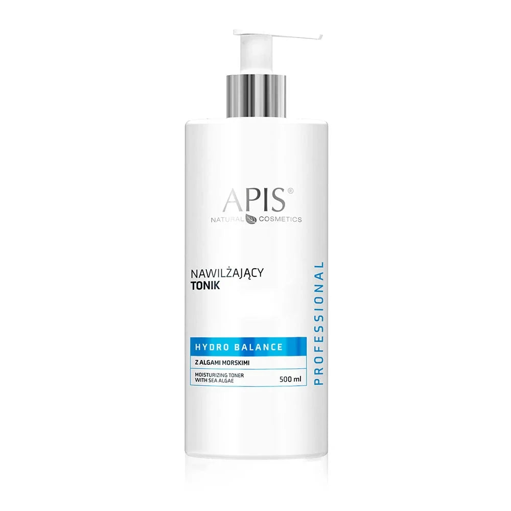 A 500 ml white pump bottle of APIS Natural Cosmetics Hydro Balance Merinizing Toner with Shea Butter, featuring a silver pump and blue accents on the label.