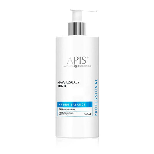 A 500 ml white pump bottle of APIS Natural Cosmetics Hydro Balance Merinizing Toner with Shea Butter, featuring a silver pump and blue accents on the label.
