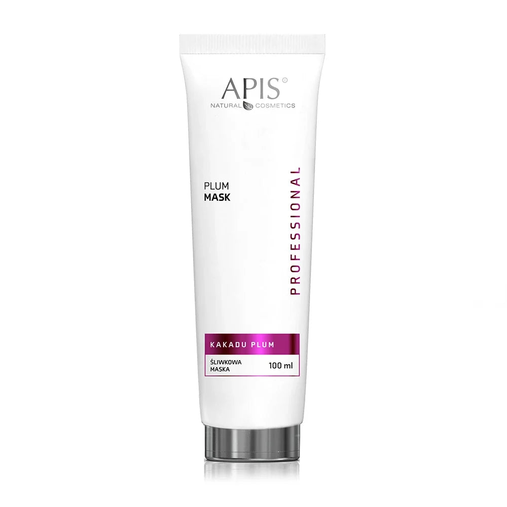 A 100 ml squeeze tube of APIS Natural Cosmetics Plum Mask, featuring a white tube with purple and black text and a metallic silver cap, set against a plain white background.