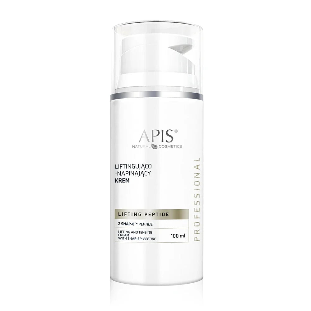 A 100 ml white pump bottle of APIS Natural Cosmetics Lifting Peptide cream, featuring a clear cap and silver accents, set against a plain white background.