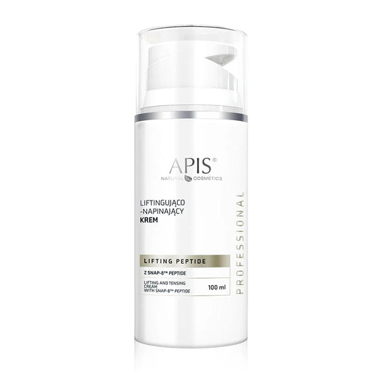 A 100 ml white pump bottle of APIS Natural Cosmetics Lifting Peptide cream, featuring a clear cap and silver accents, set against a plain white background.