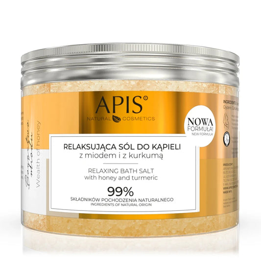 APIS bath salt container with gold and white label on a white background