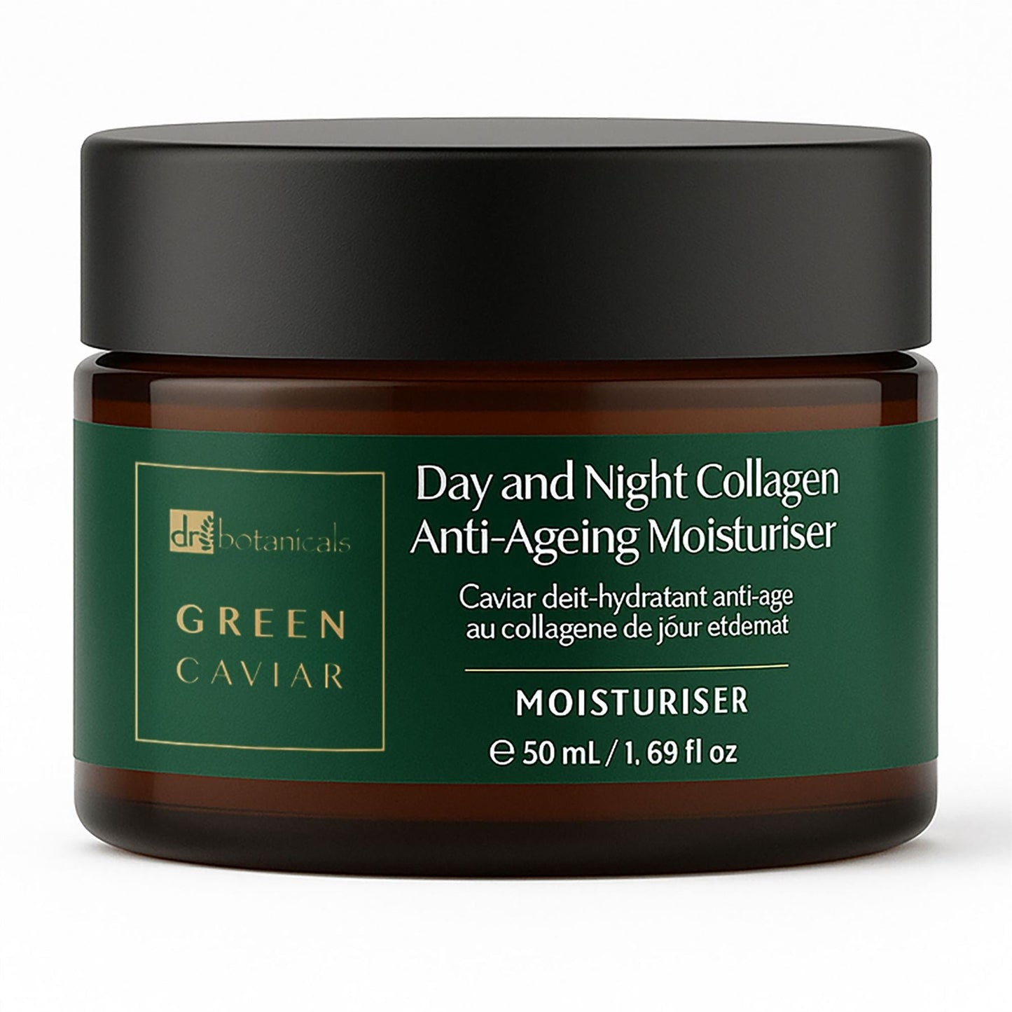 Jar of Day and Night Collagen Anti-Ageing Moisturiser with green label on white background