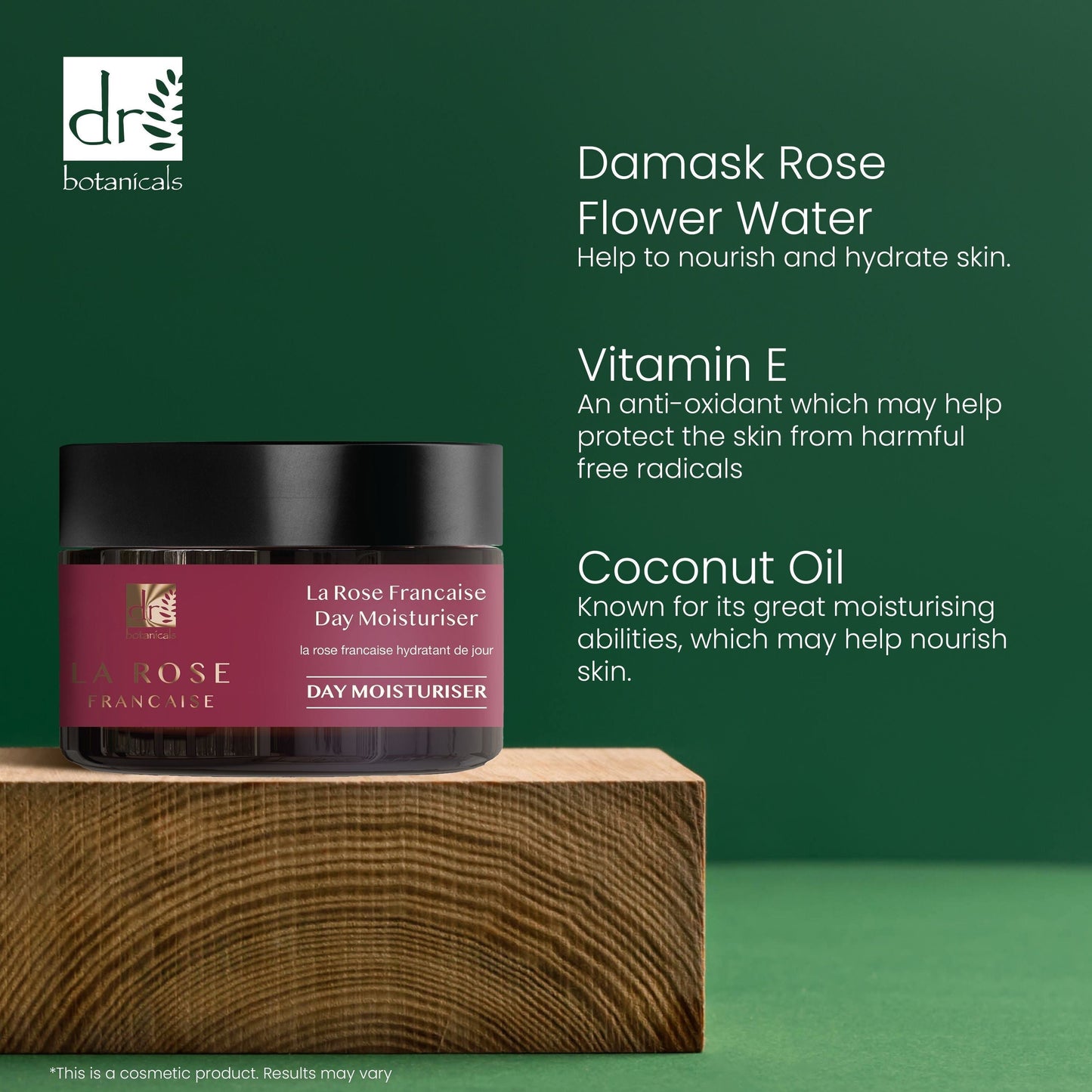 Day moisturizer jar with ingredients listed on a green background