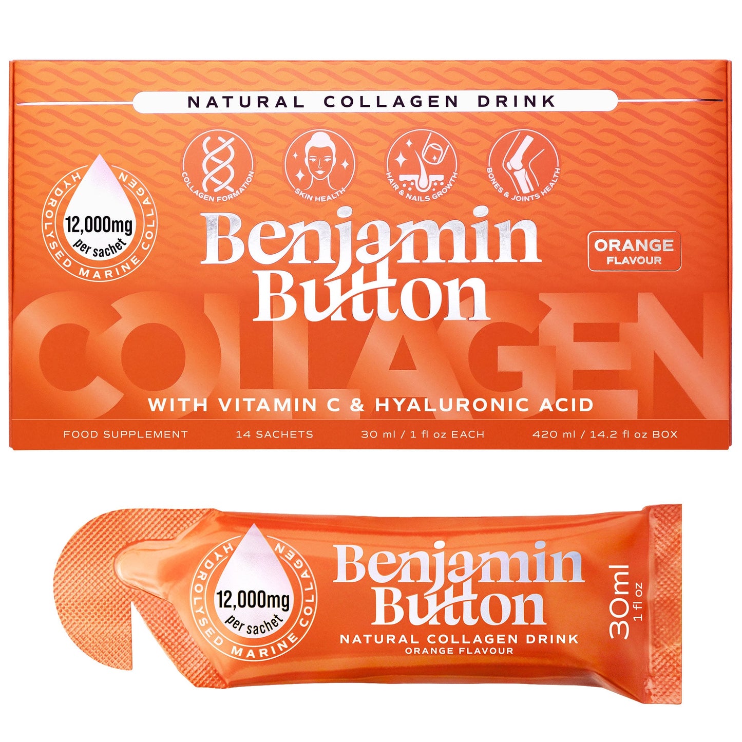 Benjamin Button 12,000mg Marine Collagen Liquid Sachets Orange 30ml x14