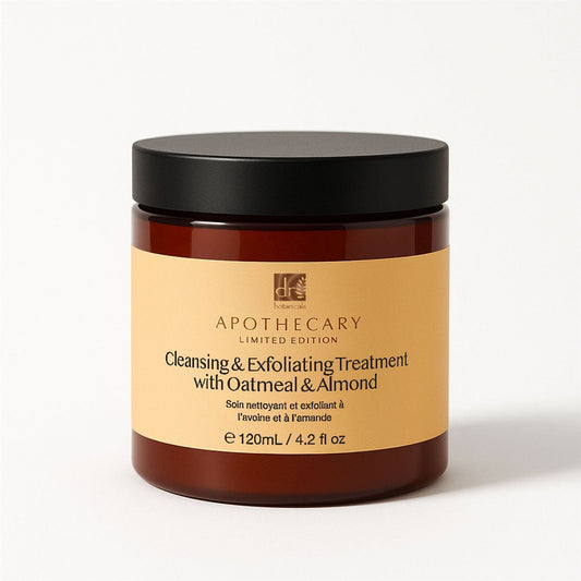 Jar of cleansing and exfoliating treatment with oatmeal and almond on a white background