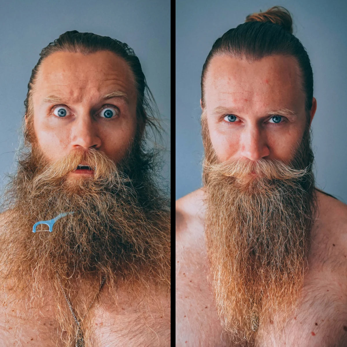 Before and after heated beard brush result