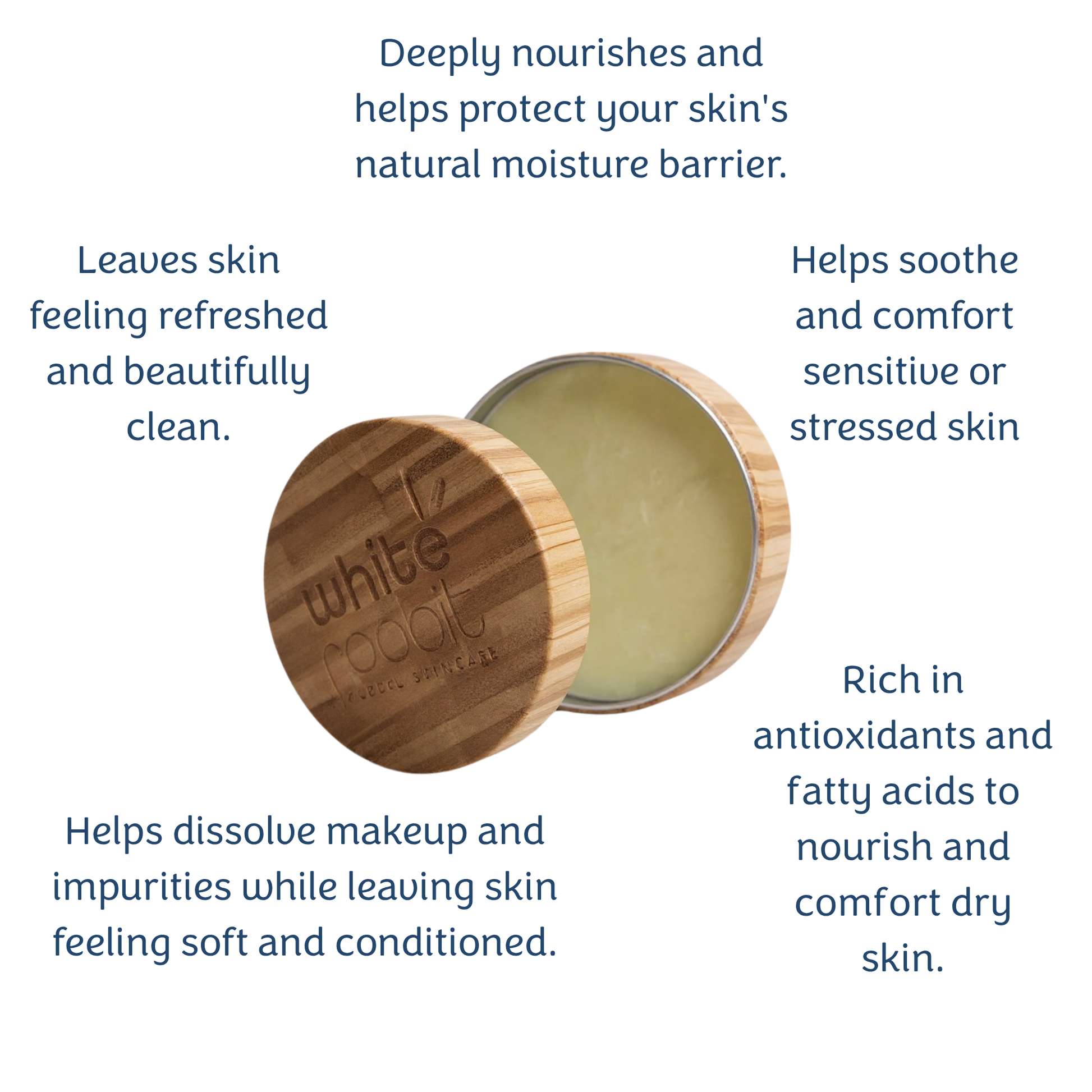 White Oak Naturals bamboo wood balm tin with its lid off, surrounded by descriptive text highlighting its skin benefits on a white background.