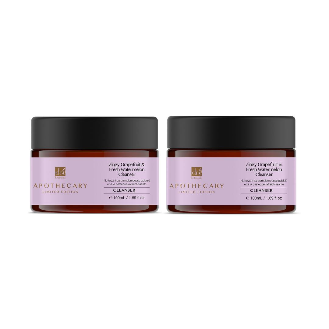 Two jars of Apothecary Zesty Grapefruit & Fresh Watermelon Cleanser on a white background