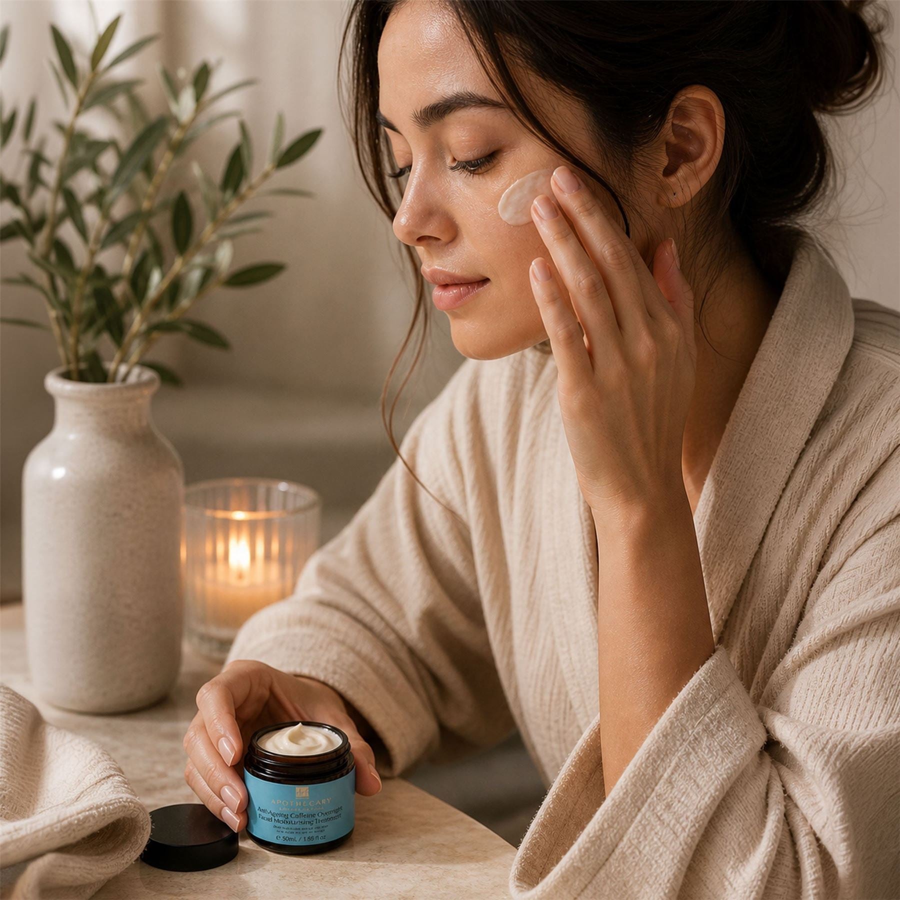 Woman applying cream to her face with a jar of cream on a table, surrounded by a cozy indoor setting.