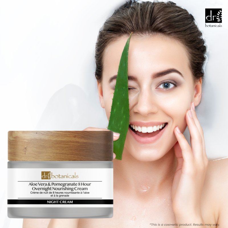 Woman holding aloe vera leaf with Dr Botanicals cream jar on a white background