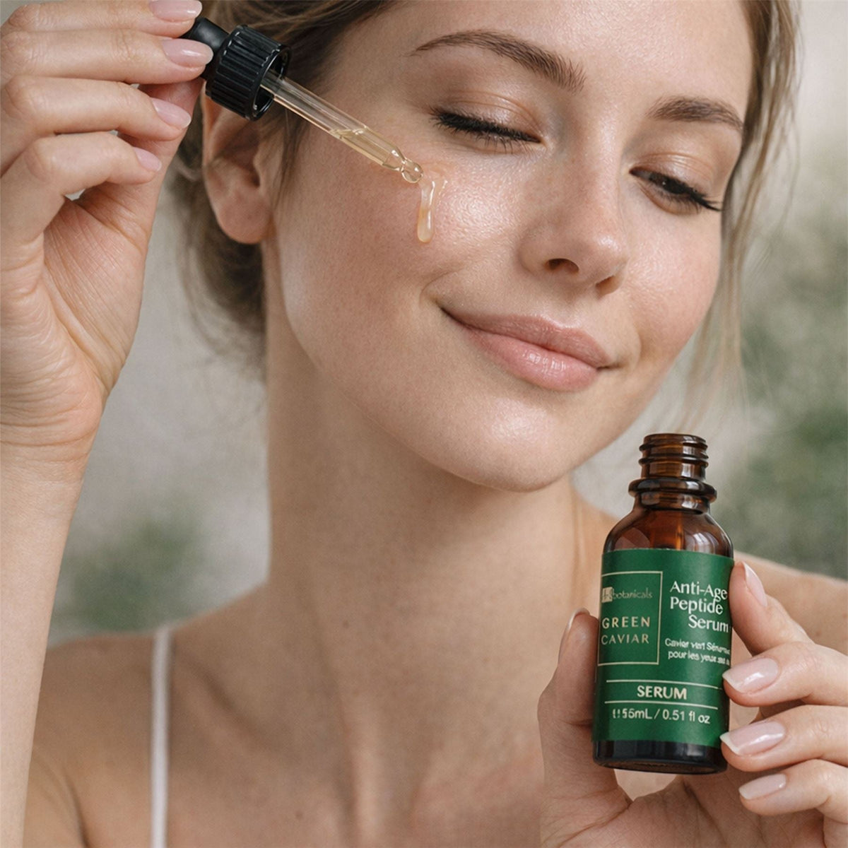 Woman applying Green & Black's Anti-Age Peptide Serum to her face with a dropper.