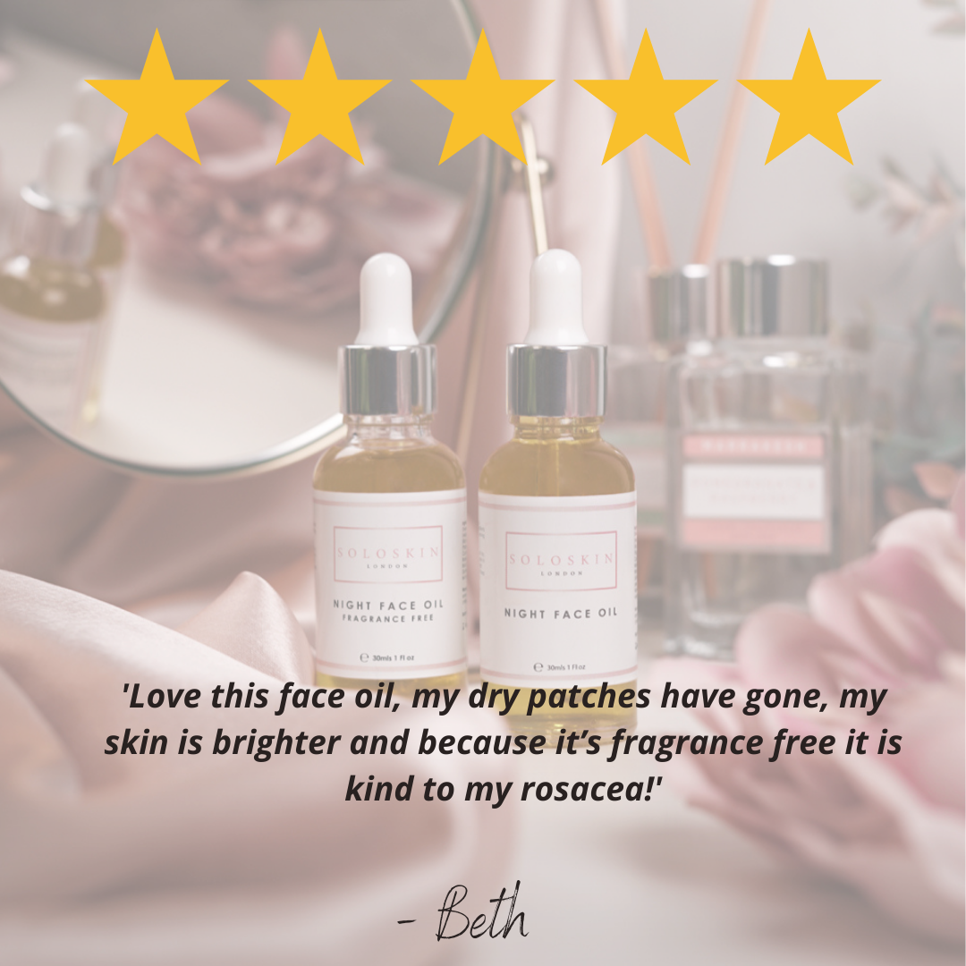 Two bottles of face oil with a five-star rating and customer review text overlay.