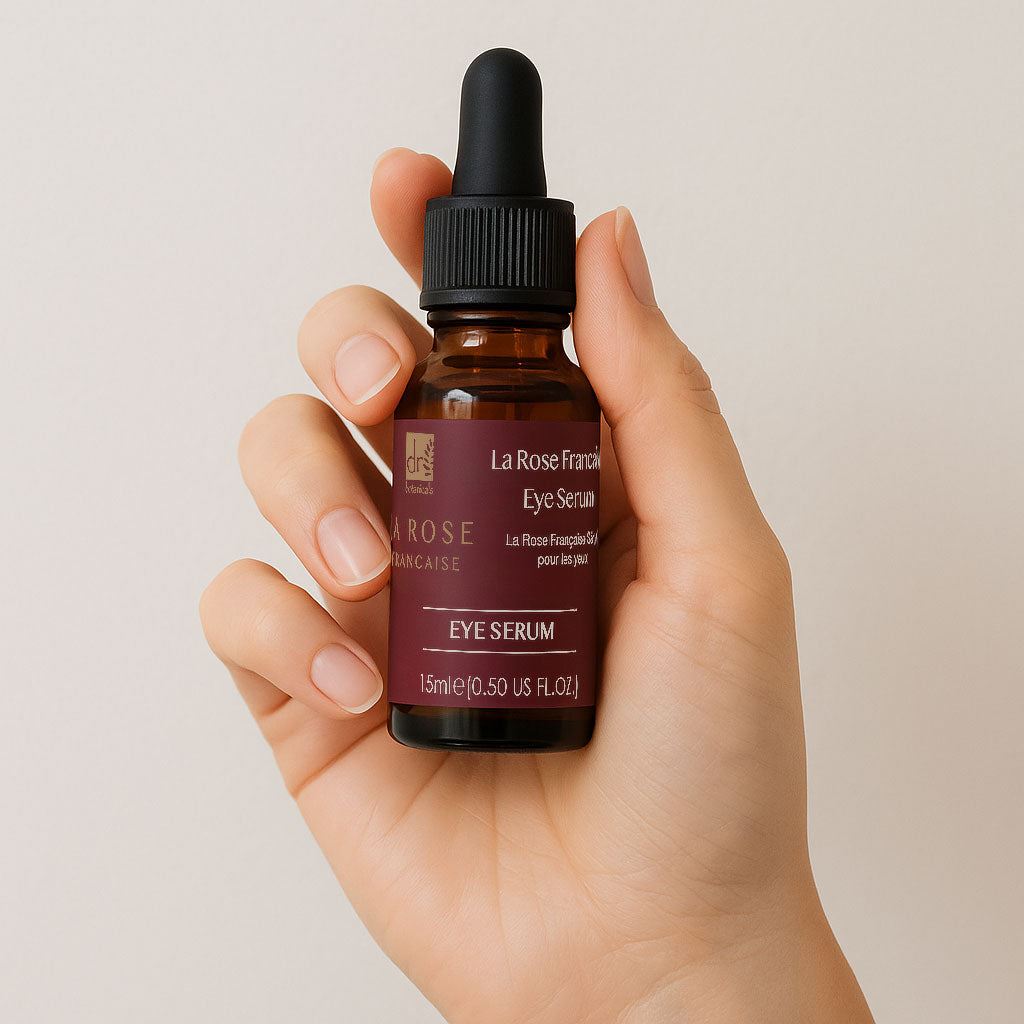 Hand holding a bottle of La Rose Française Eye Serum against a beige background
