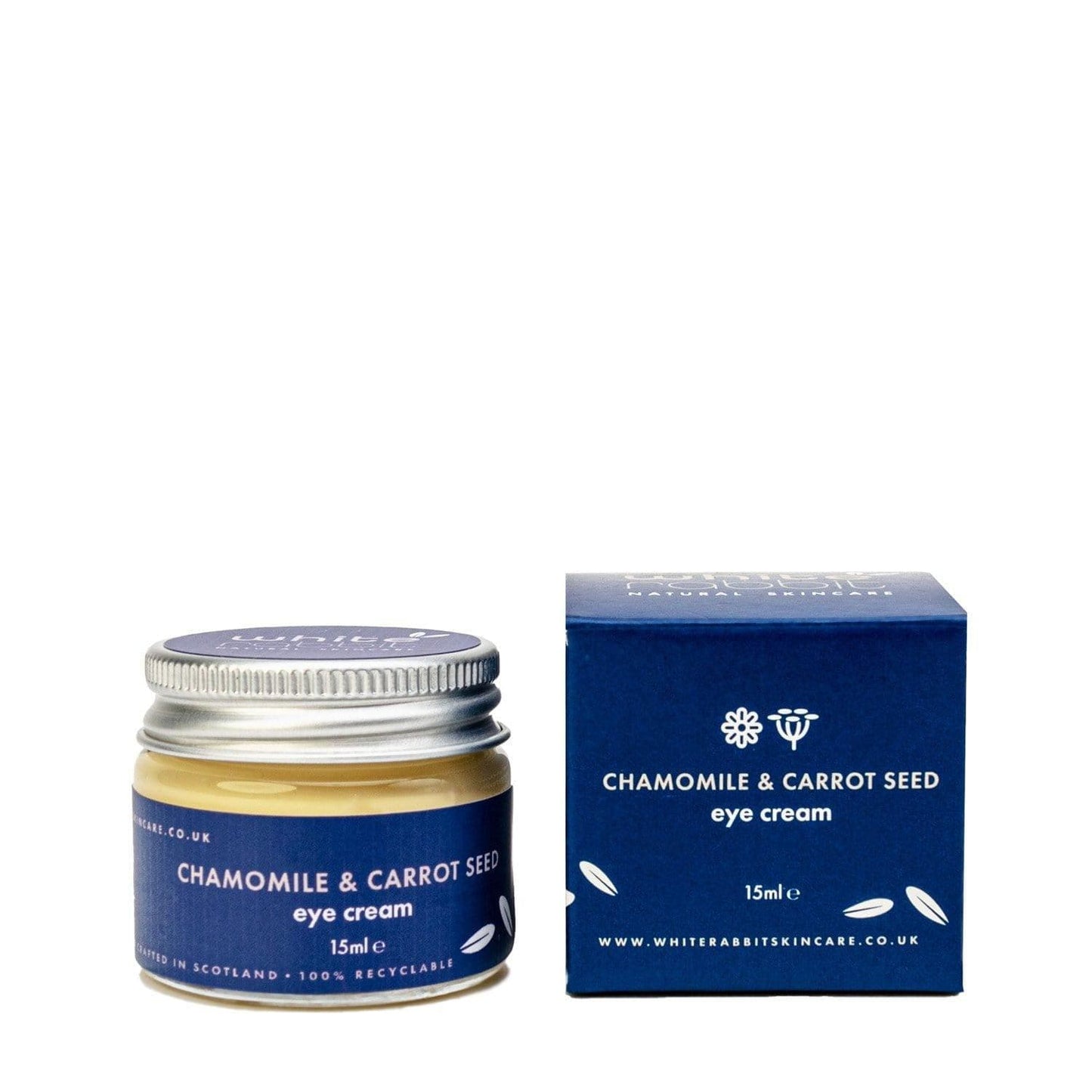 Chamomile & Carrot Seed eye cream jar and packaging on a white background