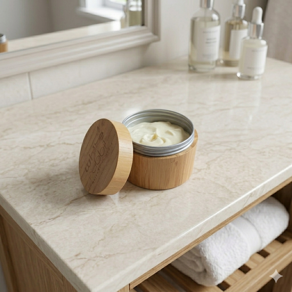 Bathroom counter with a wooden container of cream and a mirror in the background