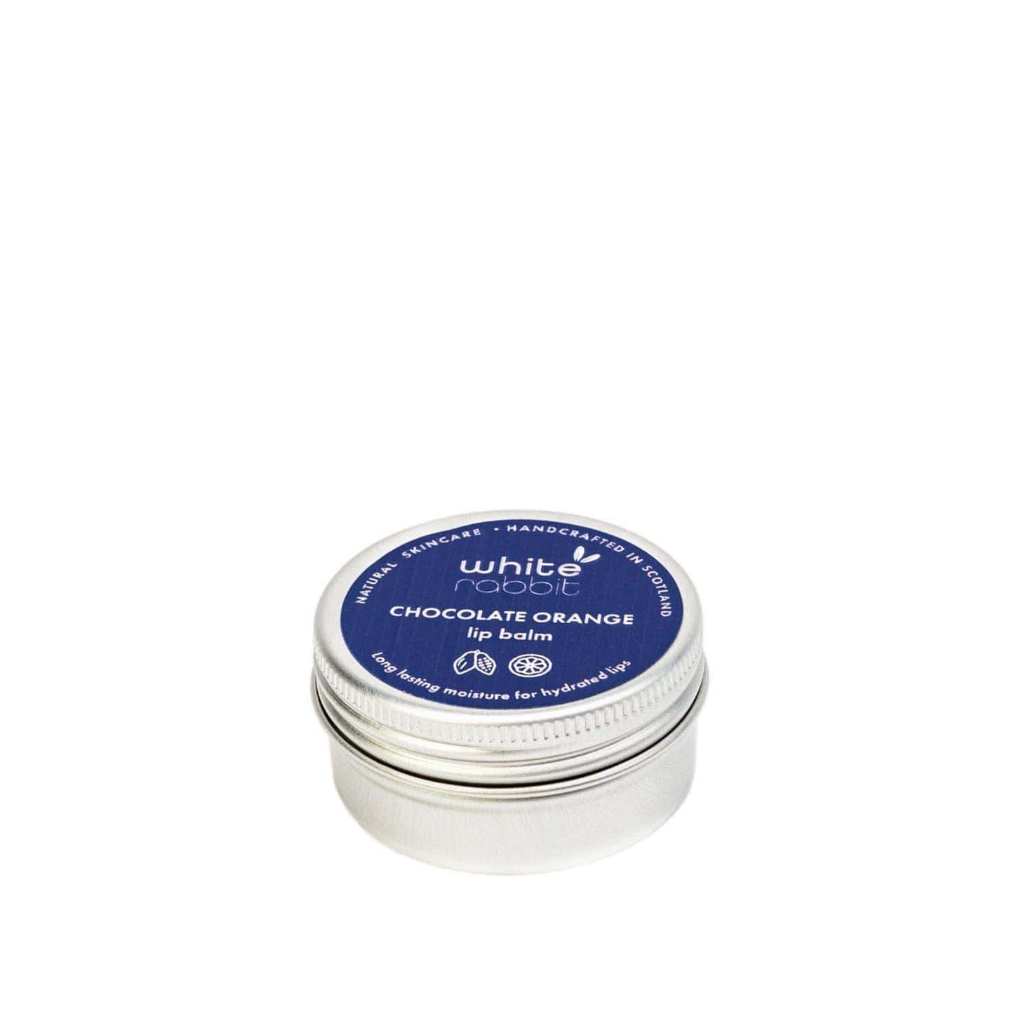 Lip balm container with blue label on a white background