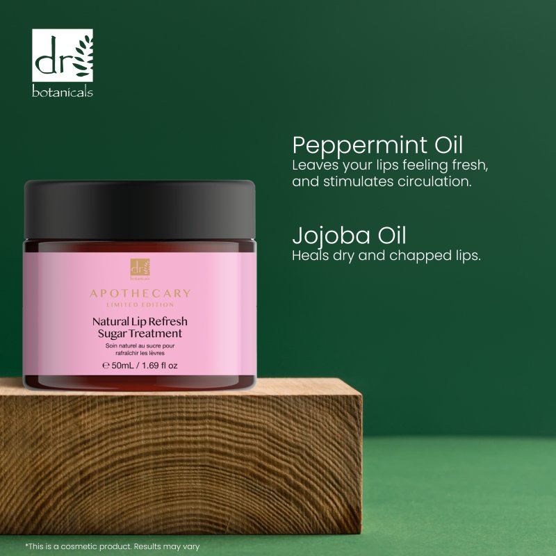 Pink lip treatment jar with black lid on a wooden block against a green background, featuring Dr Botanicals branding.