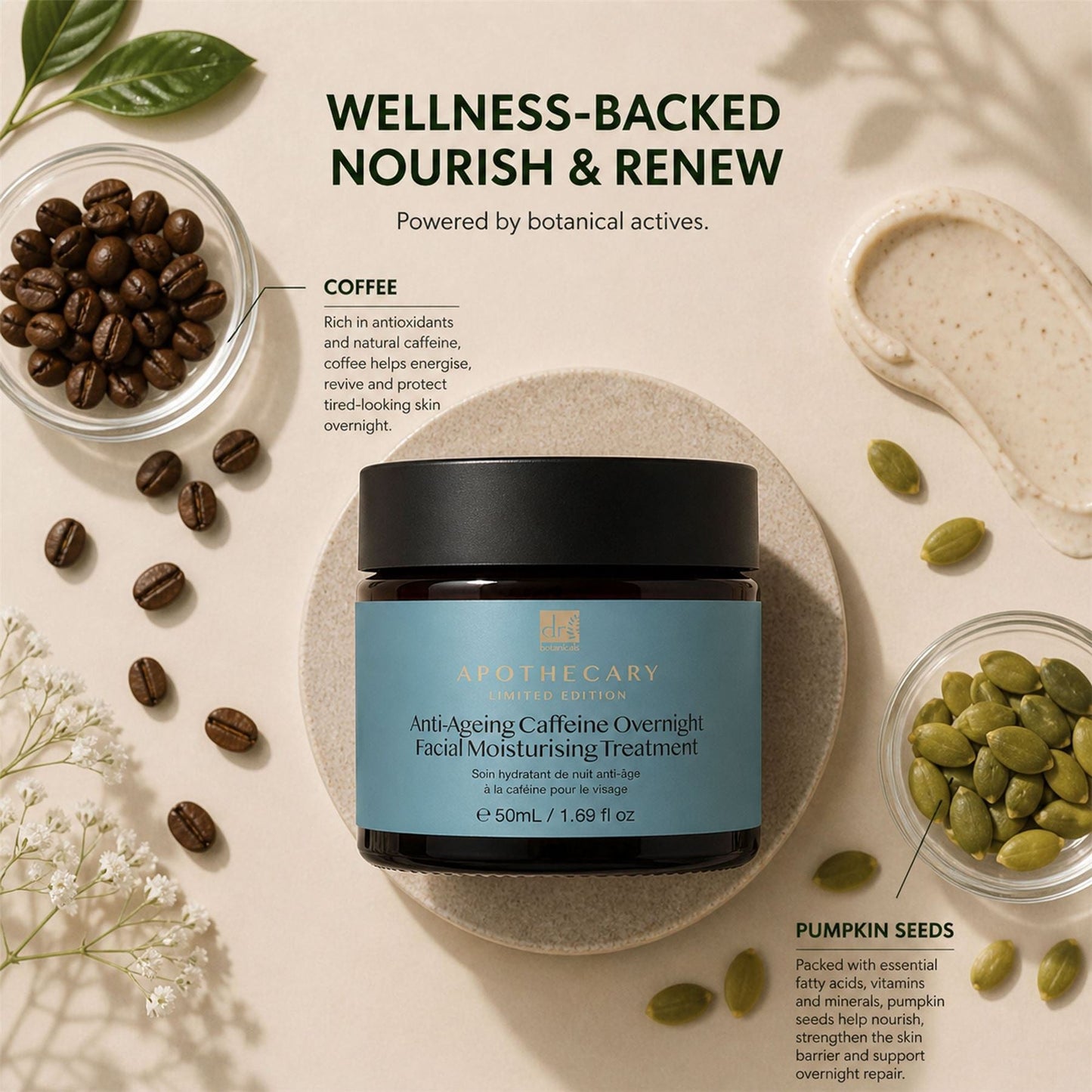 Facial moisturizing treatment jar with coffee beans and pumpkin seeds on a neutral background