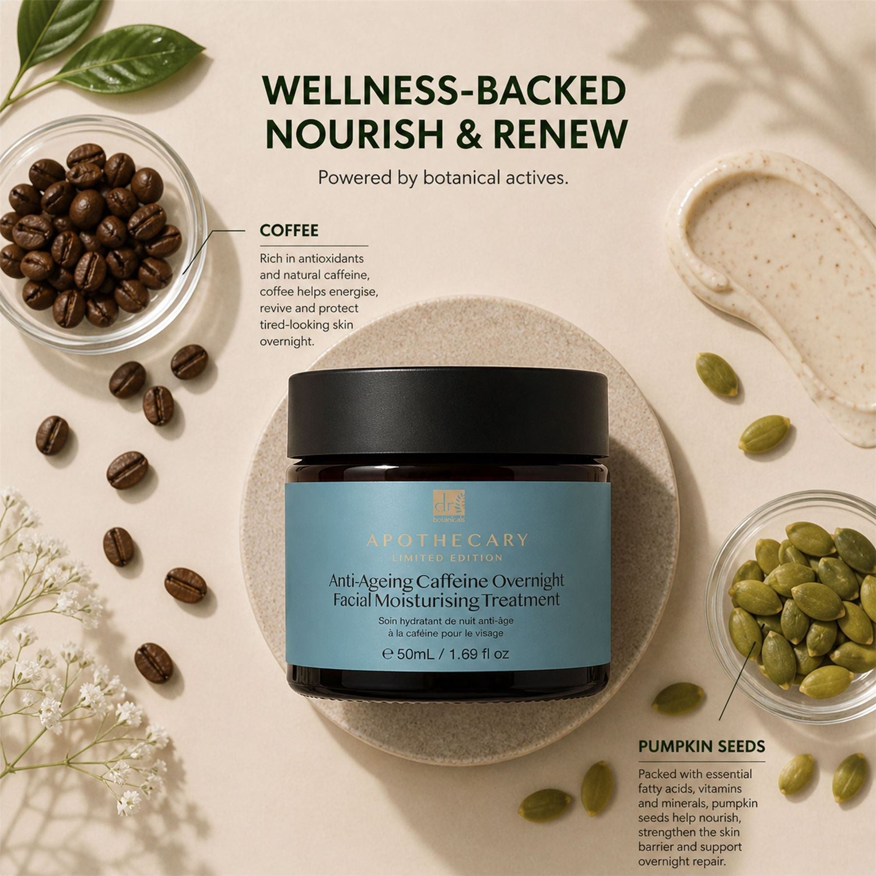 Facial moisturizing treatment jar with coffee beans and pumpkin seeds on a neutral background