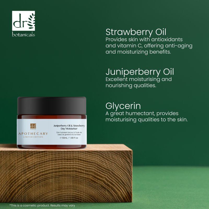 Jar of skincare product on a wooden block with text about strawberry oil, juniperberry oil, and glycerin on a green background.
