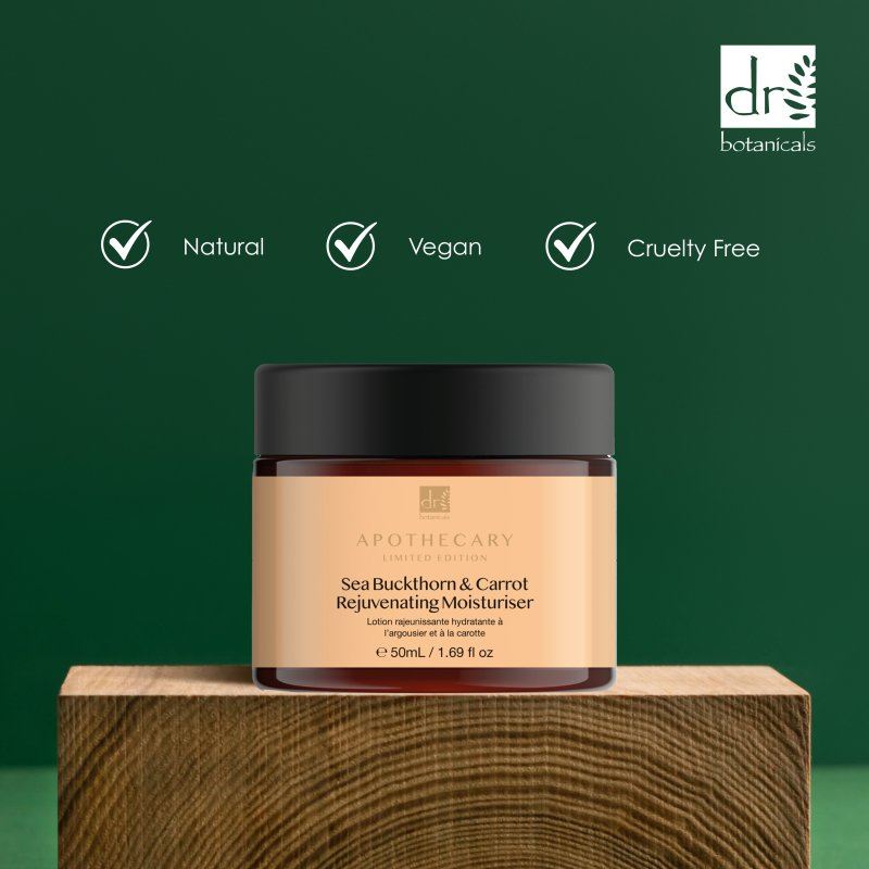 Cosmetic jar with 'Dr Botanicals' branding on a wooden block against a green background