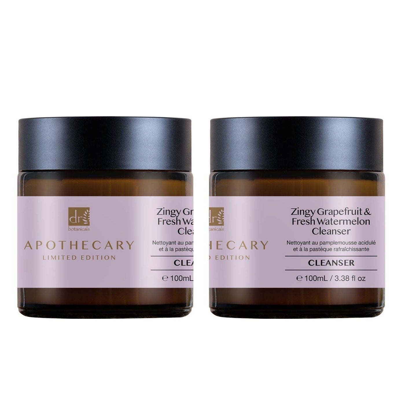 Two jars of Apothecary Zesty Grapefruit & Fresh Watermelon Cleanser on a white background