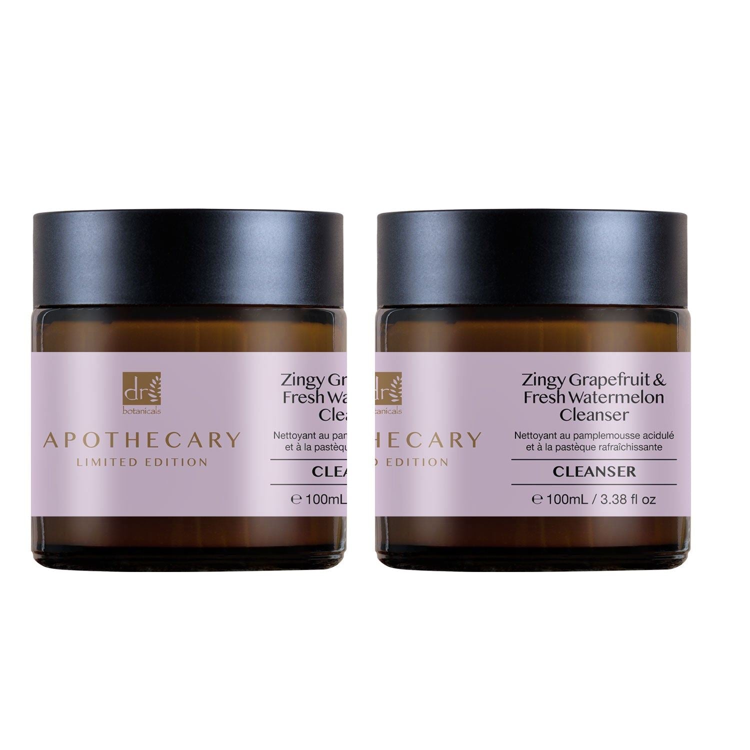 Two jars of Apothecary Zesty Grapefruit & Fresh Watermelon Cleanser on a white background