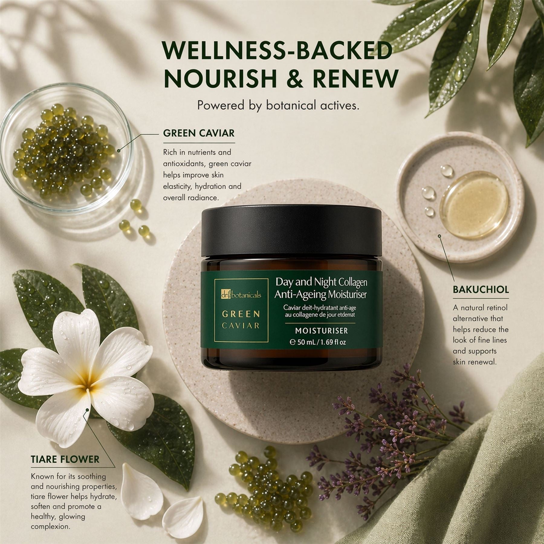 Cosmetic jar with botanical elements and text about wellness-backed skincare products.