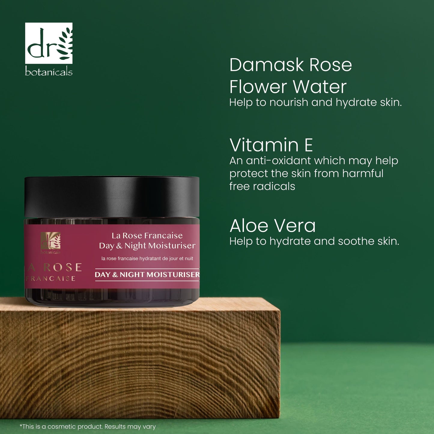 Day & Night Moisturizer jar with green background and product benefits text.