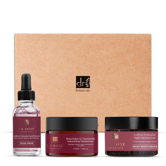 Skincare product set with 'La Rose Française' branding on a beige background