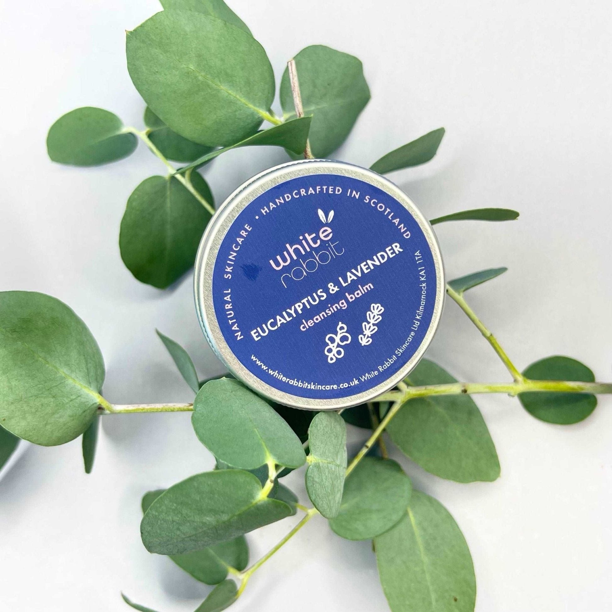 White Rabbit eucalyptus and lavender cleansing balm tin surrounded by green leaves on a white background
