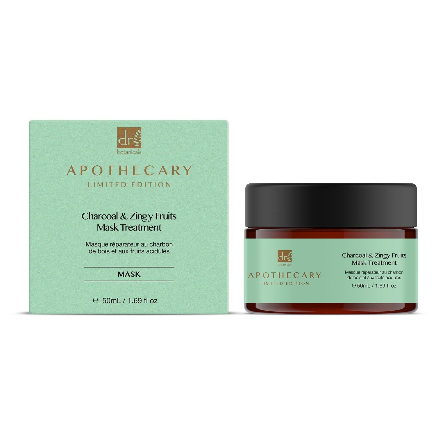 Apothecary Charcoal & Zesty Fruits Mask Treatment jar and packaging on a white background