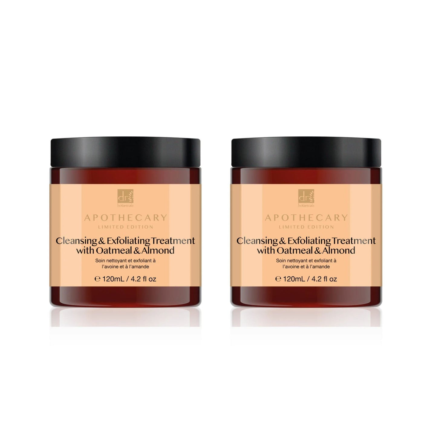Two jars of Apothecary Cleansing & Exfoliating Treatment with Oatmeal & Almond on a white background
