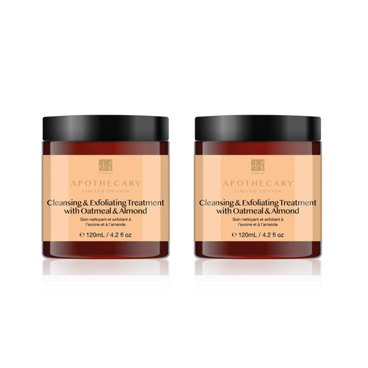 Two jars of Apothecary Cleansing & Exfoliating Treatment with Oatmeal & Almond on a white background