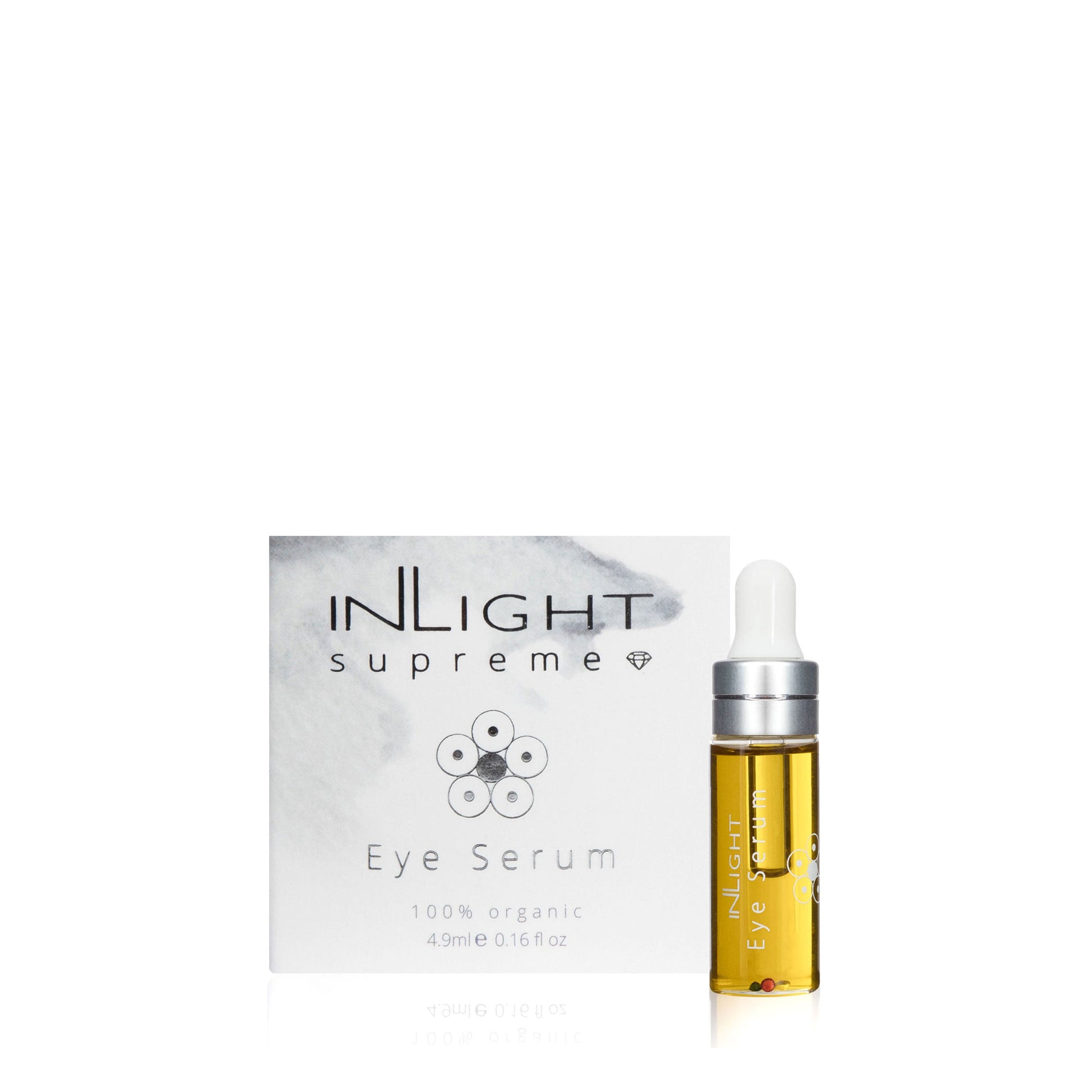 Inlight Beauty Eye Serum 4.9ml shown with its white and grey marble-patterned box and a small glass dropper bottle containing golden-yellow serum, on a clean white background.