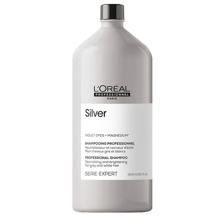 A bottle of L'OREAL PROFESSIONNEL Serie Expert Silver Shampoo 1500ml