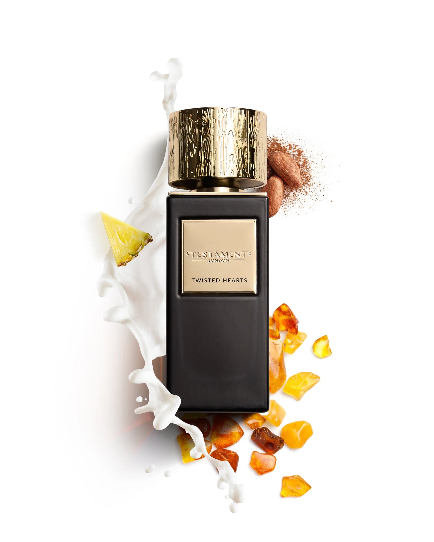 Perfume bottle labeled 'Twisted Hearts' by Testament on a white background with decorative elements.