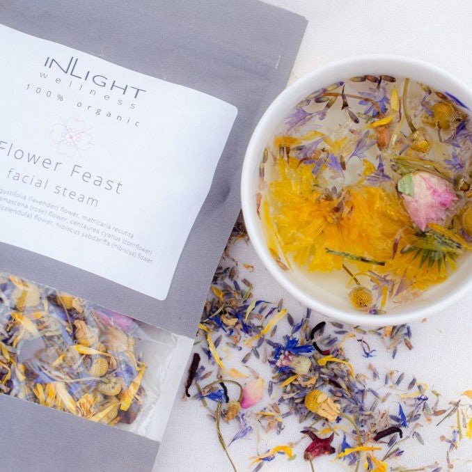 Inlight Beauty Flower Feast Facial Steam 30g with packaging and ingredients on a white background