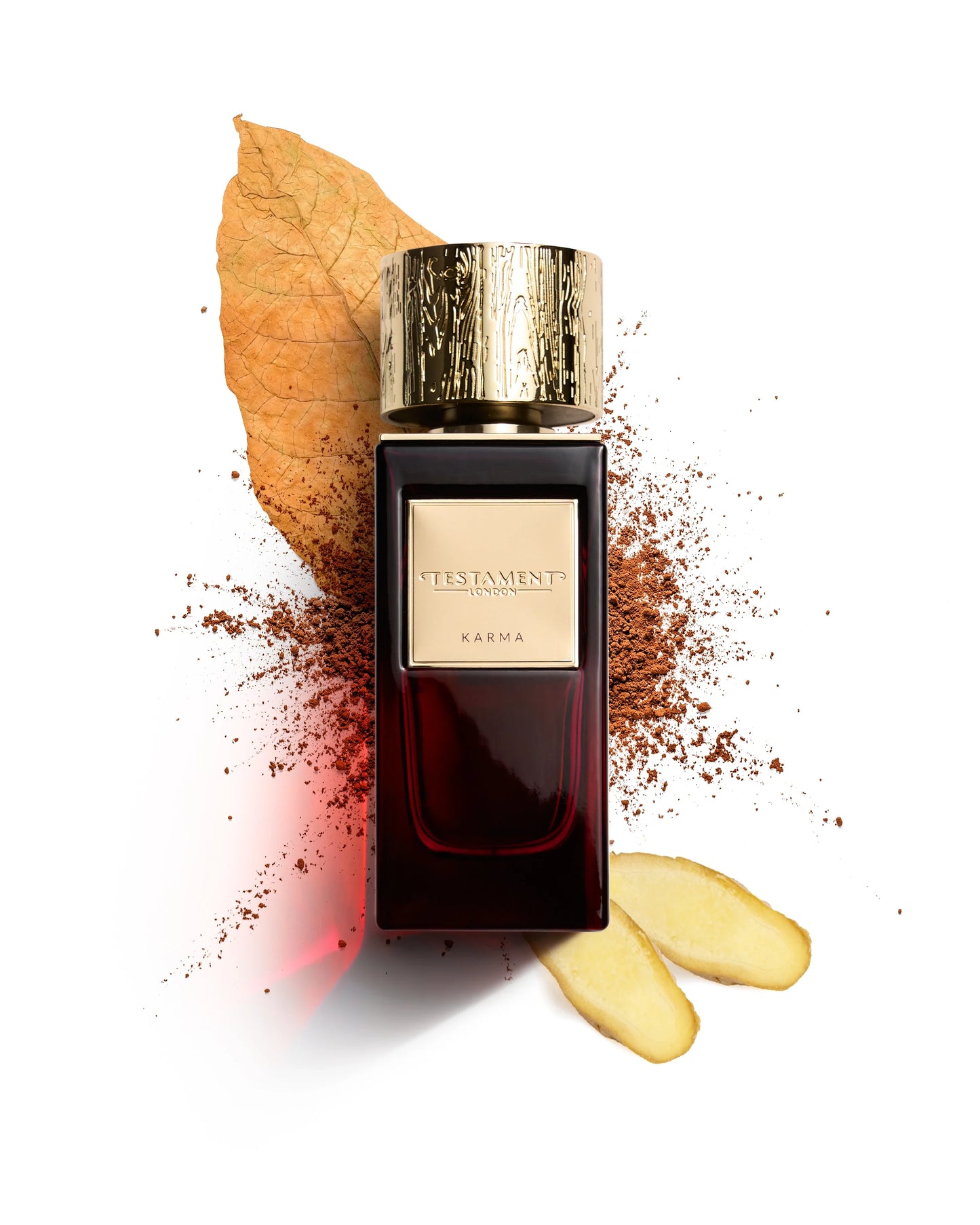 Perfume bottle labeled 'Testament' with spices and a leaf on a white background