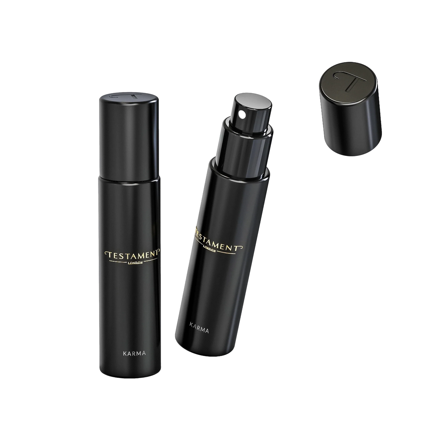 Two black perfume bottles with 'Testament' branding on a white background